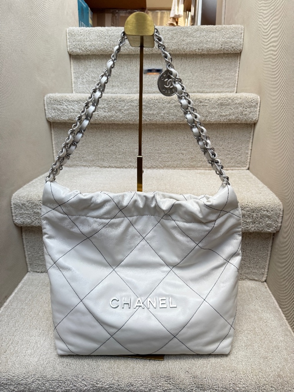 Chanel 22 Calfskin Quilted White with Silver Hardware Pre-Owned